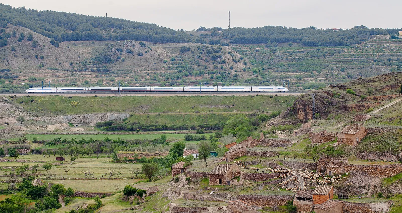 Un tren de alta velocidad a su paso por Huérmeda (imagen de archivo)