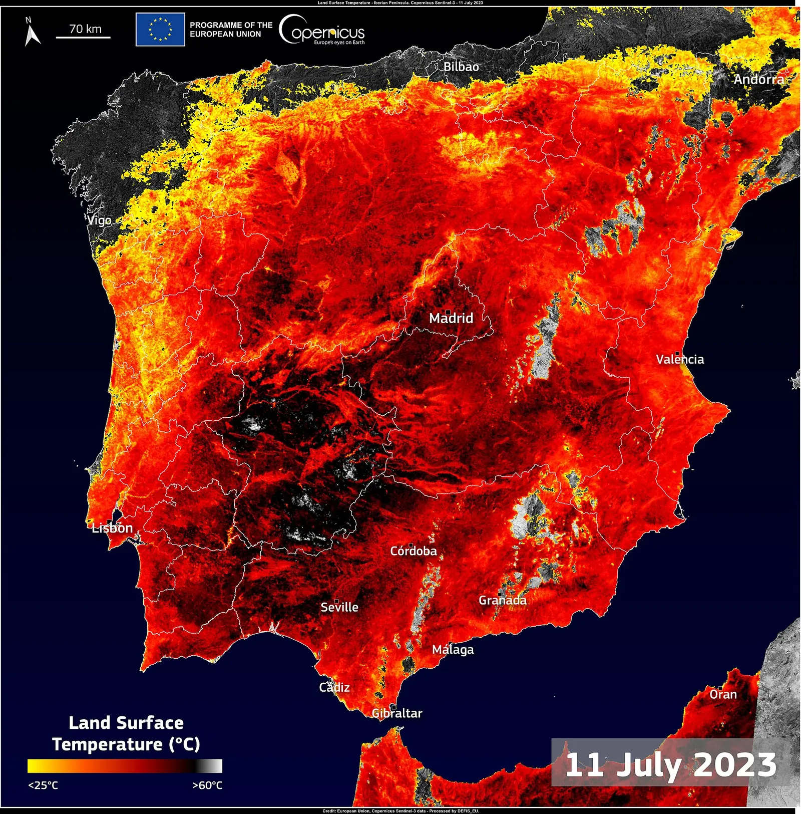Imagen de satélite de una ola de calor sobre la Península Ibérica (Copernicus)