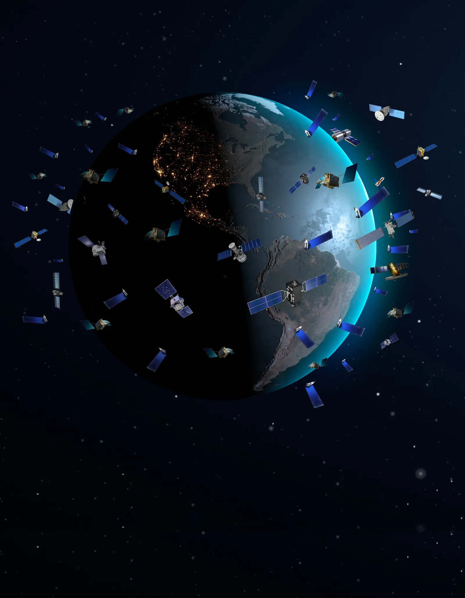 Ilustración de una constelación de satélites en órbita terrestre baja