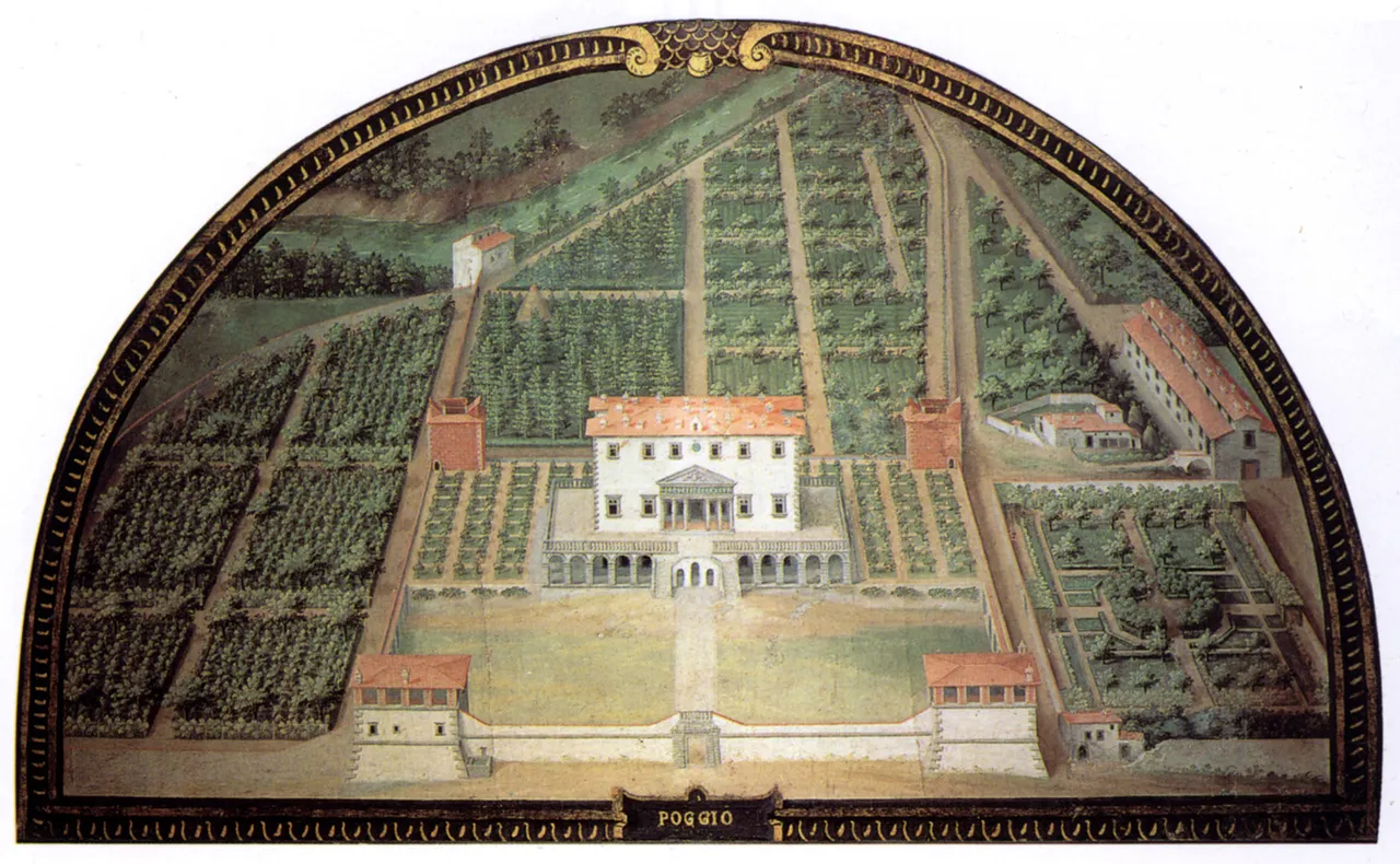La villa medicea de Poggio a Caiano, en una vista de época de Giusto Utens