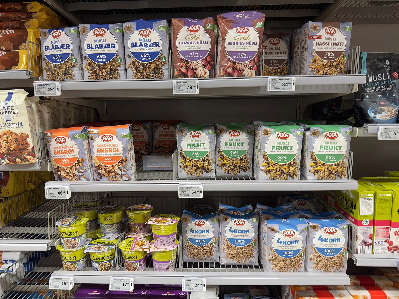 Lineal de cereales y productos envasados en un supermercado