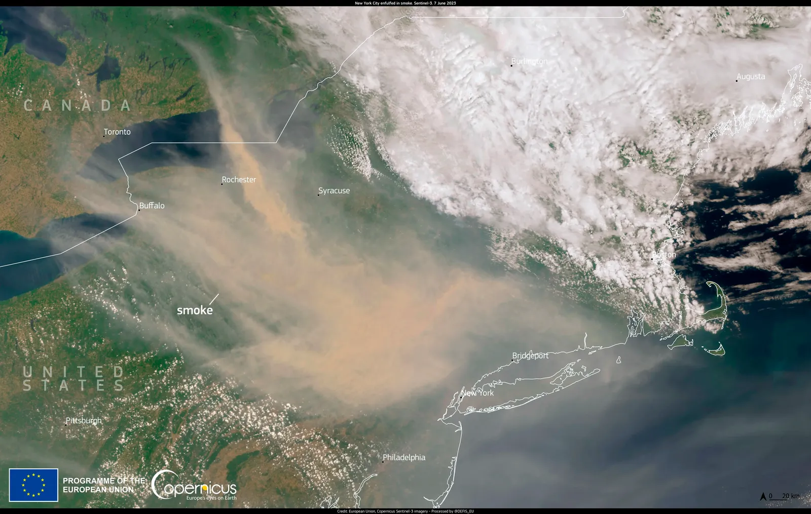 Imagen de satélite de junio de 2023: el humo de los incendios de Quebec cubre la costa este de Norteamérica