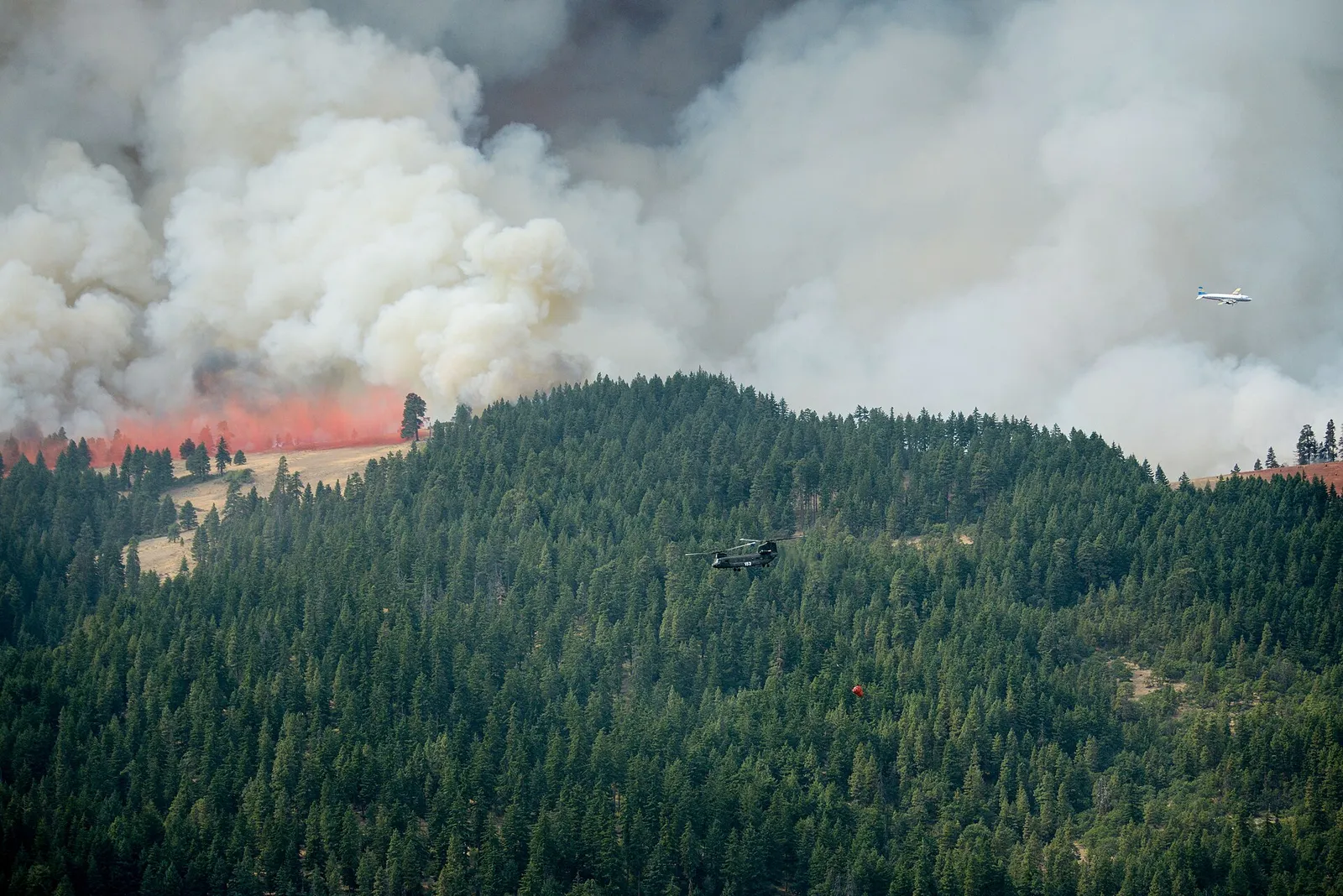 Un avión de extinción descarga agua sobre un incendio forestal
