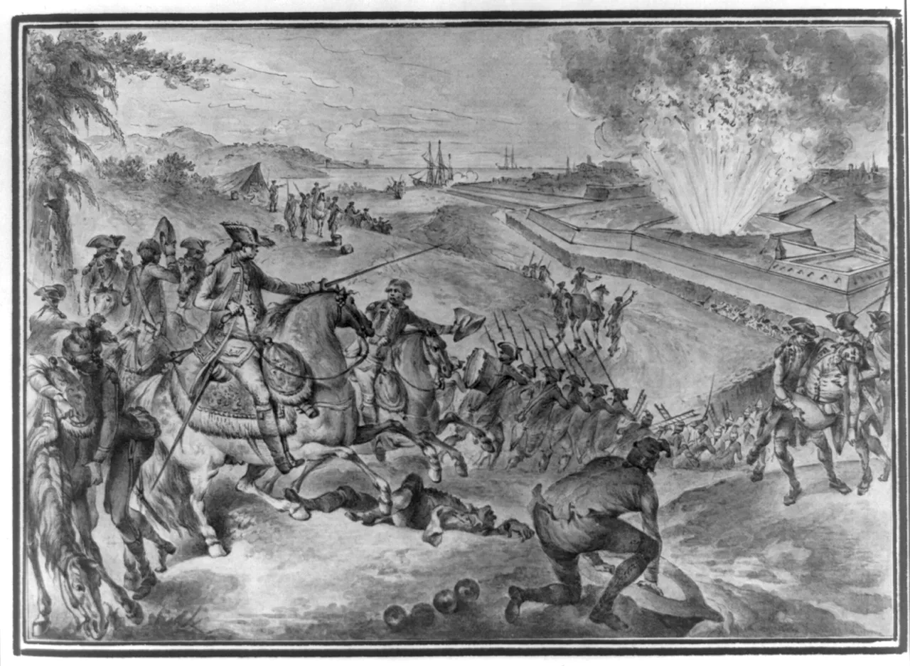 Grabado de la toma de Pensacola por las tropas españolas (1781)