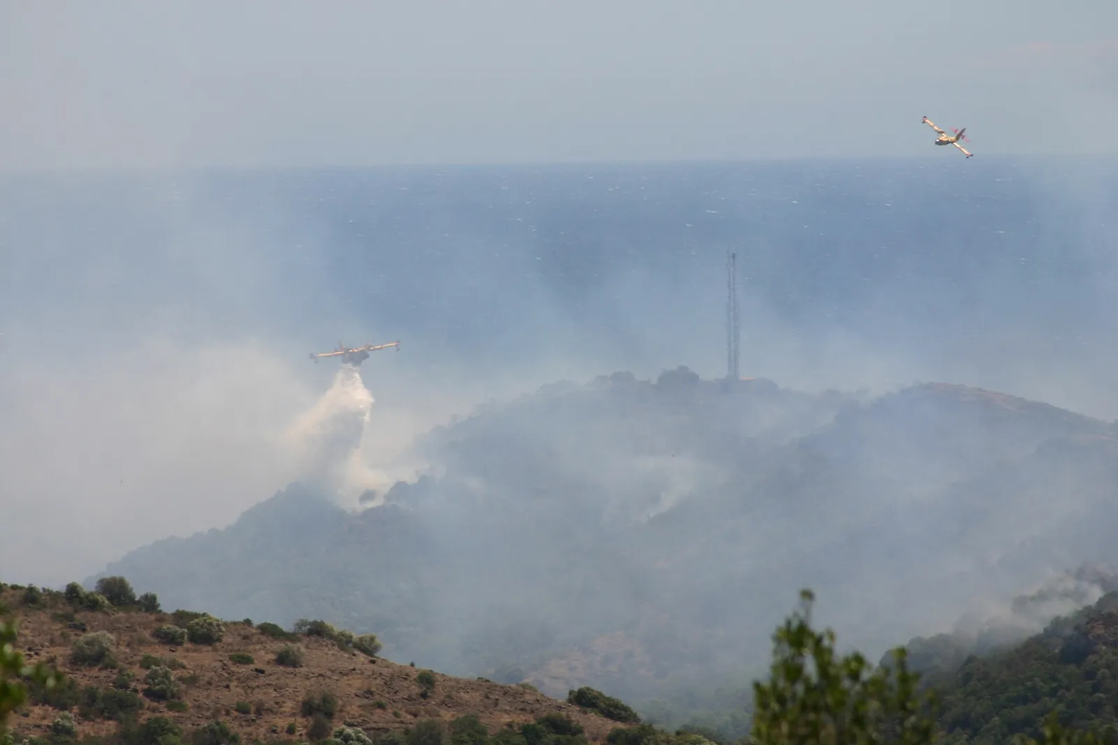 Un hidroavión lanza agua sobre un incendio forestal (imagen de archivo)